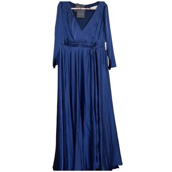 Mac Duggal Gown Dress Size 18W Blue Satin‎ V Neck Long Sleeve 55290 NWT - Picture 4 of 6